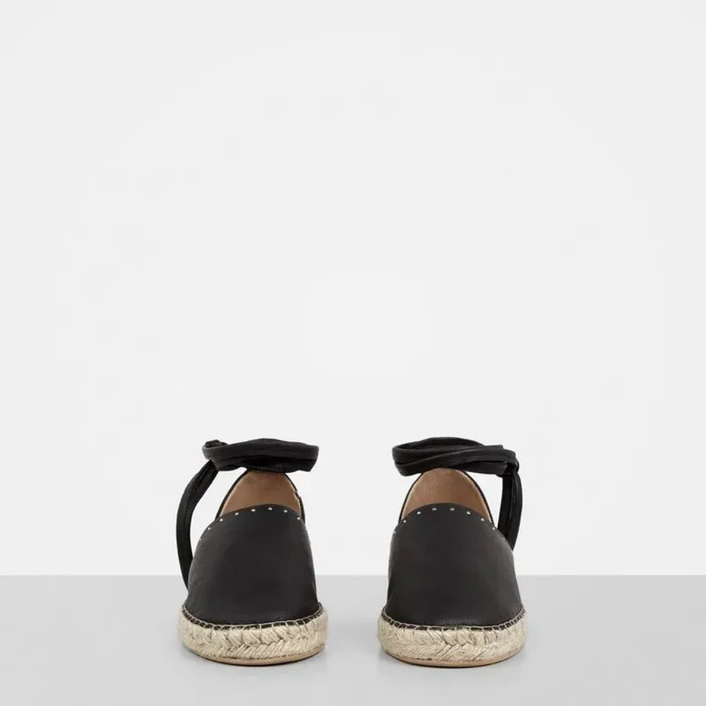 All Saints Black Leather Espadrille Ankle Tie Flats